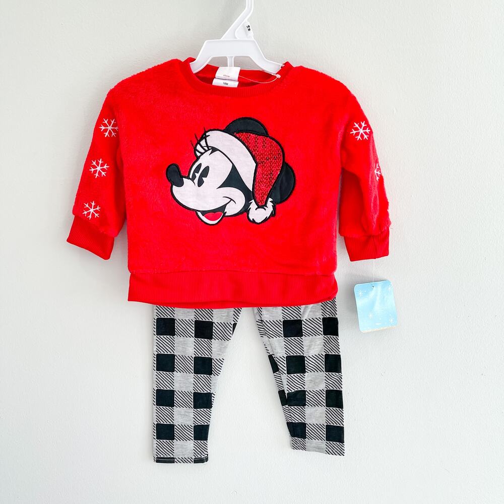 NWT Disney Minnie Mouse Christmas Outfit 18M Red Top Plaid Leggings